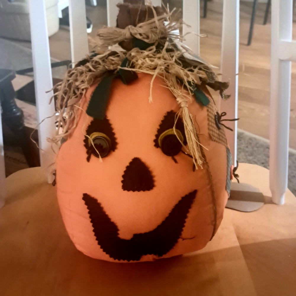 Rare Homespun Creations Stuffed Patchwork/Rafia Hair CottageCore Jack O Lantern